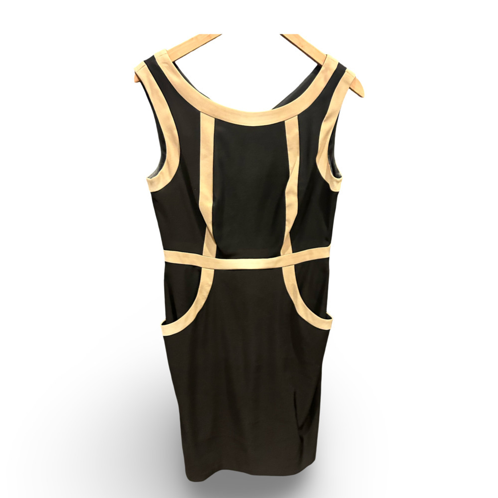 Black Beige Contrast Trim Sheath Dress Mod Quiet Luxury Cocktail Work Size 10 - Picture 4 of 8